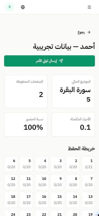 تقرير تجريبي يوضح الحضور وتقدم الحفظ والمراجعة
